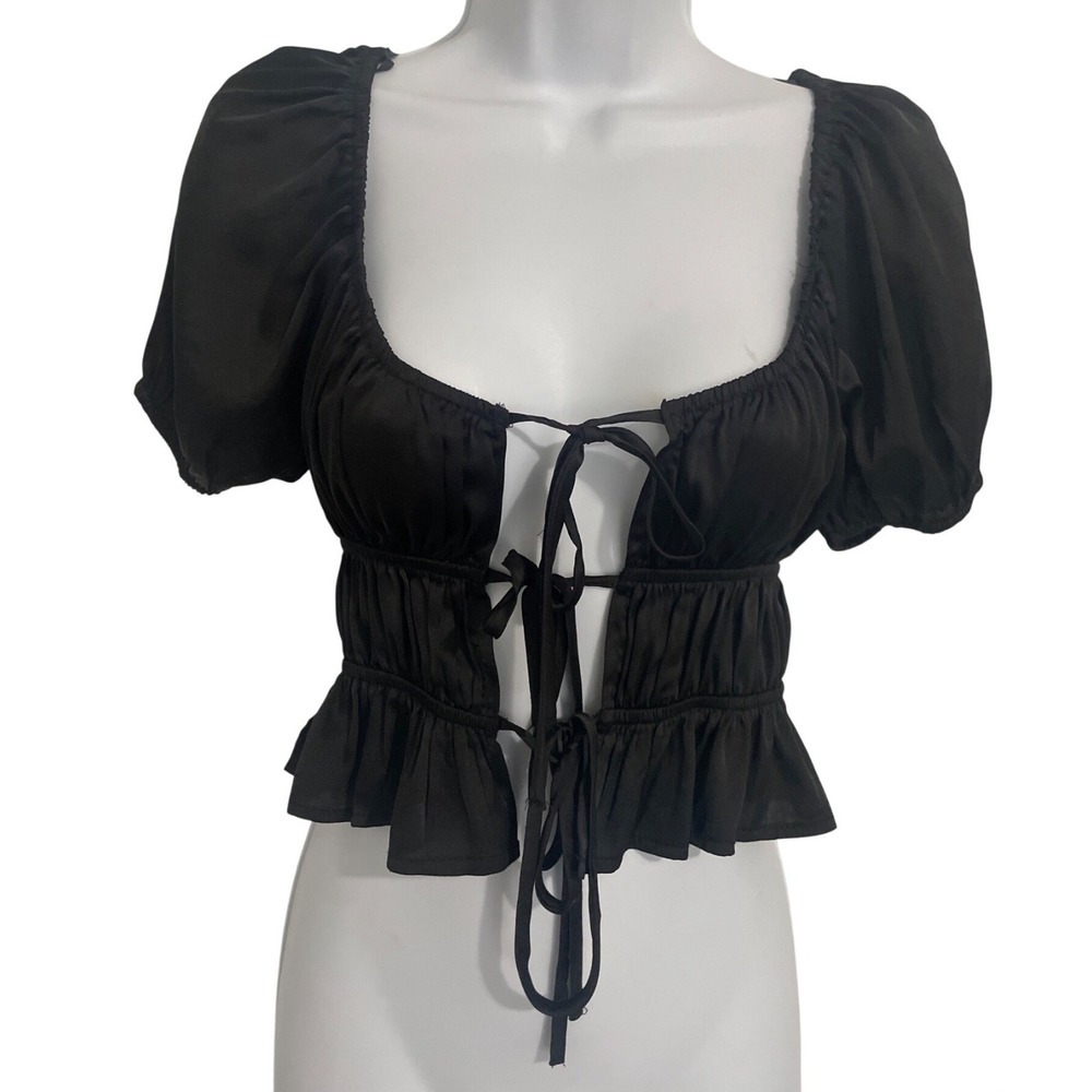 Forever 21 Black‎ Puff-Sleeve Crop Top With Front Tie Sz Small Whimsigoth Witchy
